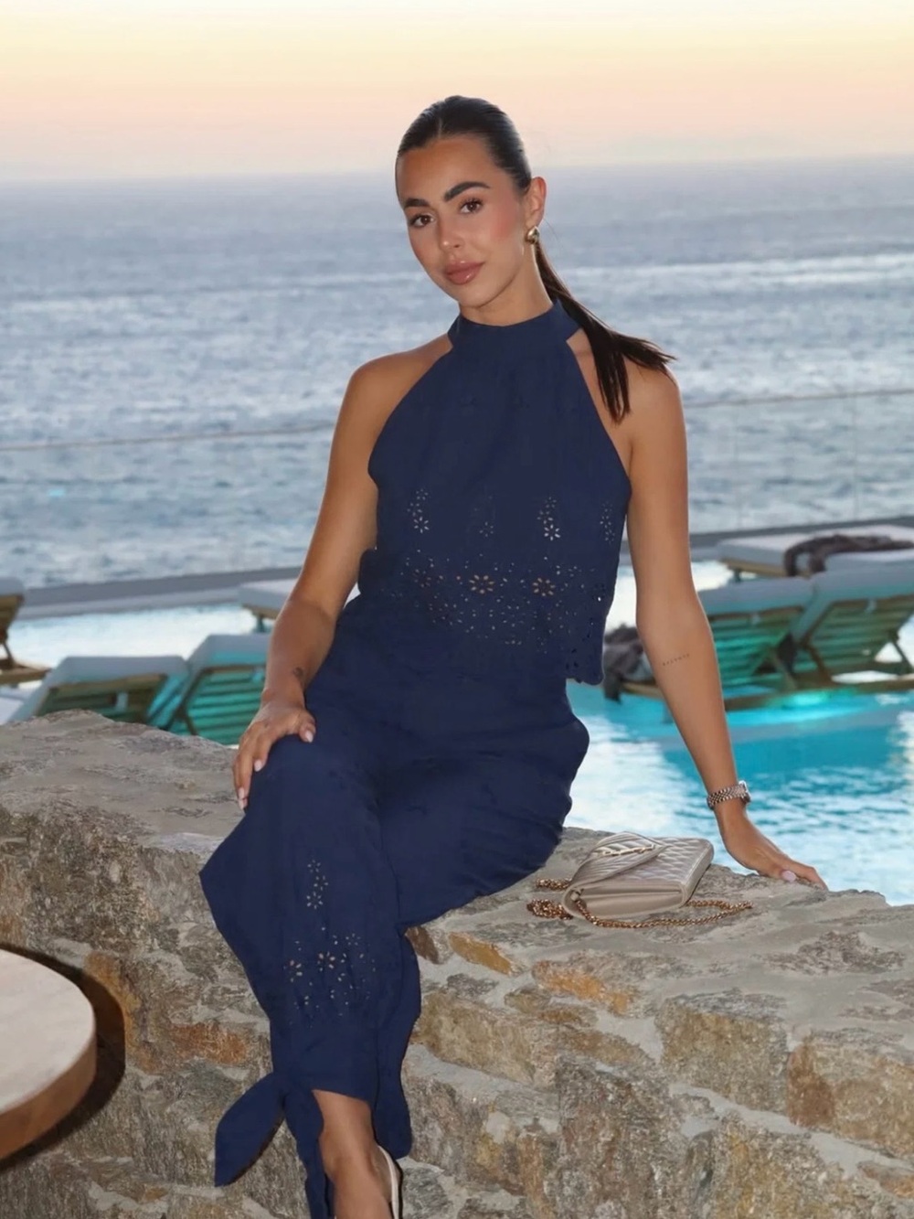NWT Navy Eyelet Halter Crop Top & Wide-Leg Tie-Hem Pants - Picture 9 of 11